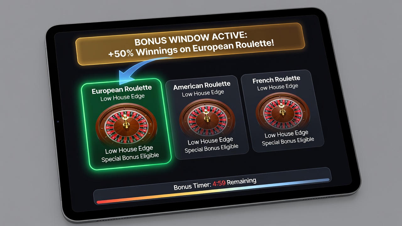 Darstellung einer mobilen Roulette-App-Oberfläche mit hervorgehobenen Varianten während einer Bonusphase