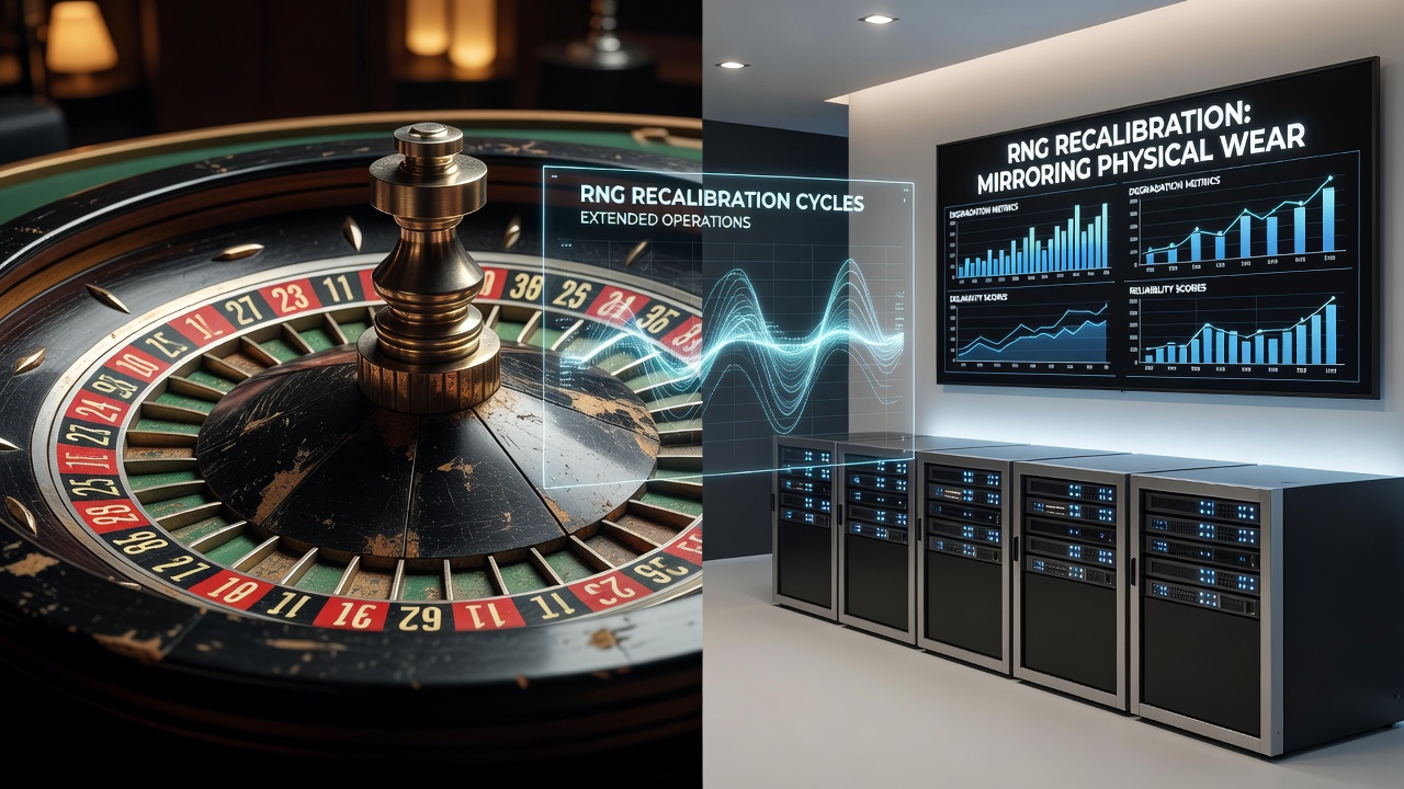 Technician performing RNG recalibration on casino gaming systems alongside physical wheel maintenance records