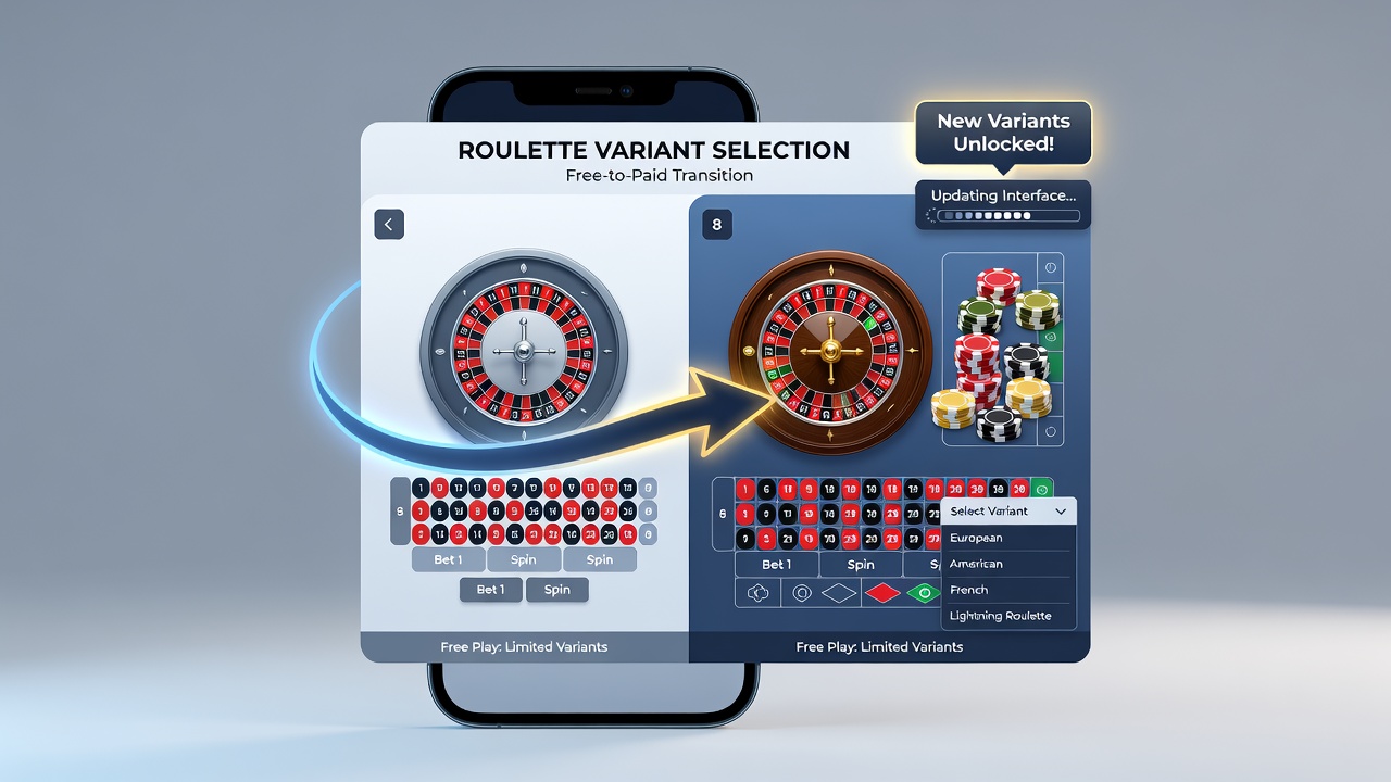 Mobile Roulette-App mit aktualisierter Benutzeroberfläche zeigt Variantenauswahl und Übergang von Demo- zu Echtgeldmodus