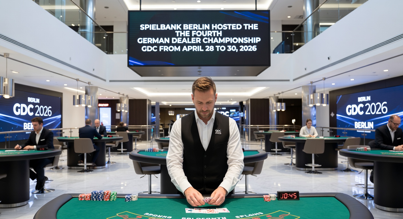 Podiumsfeier bei der GDC mit Sieger Temin Joguncic, Pokale und jubelnde Croupiers in der Spielbank Berlin