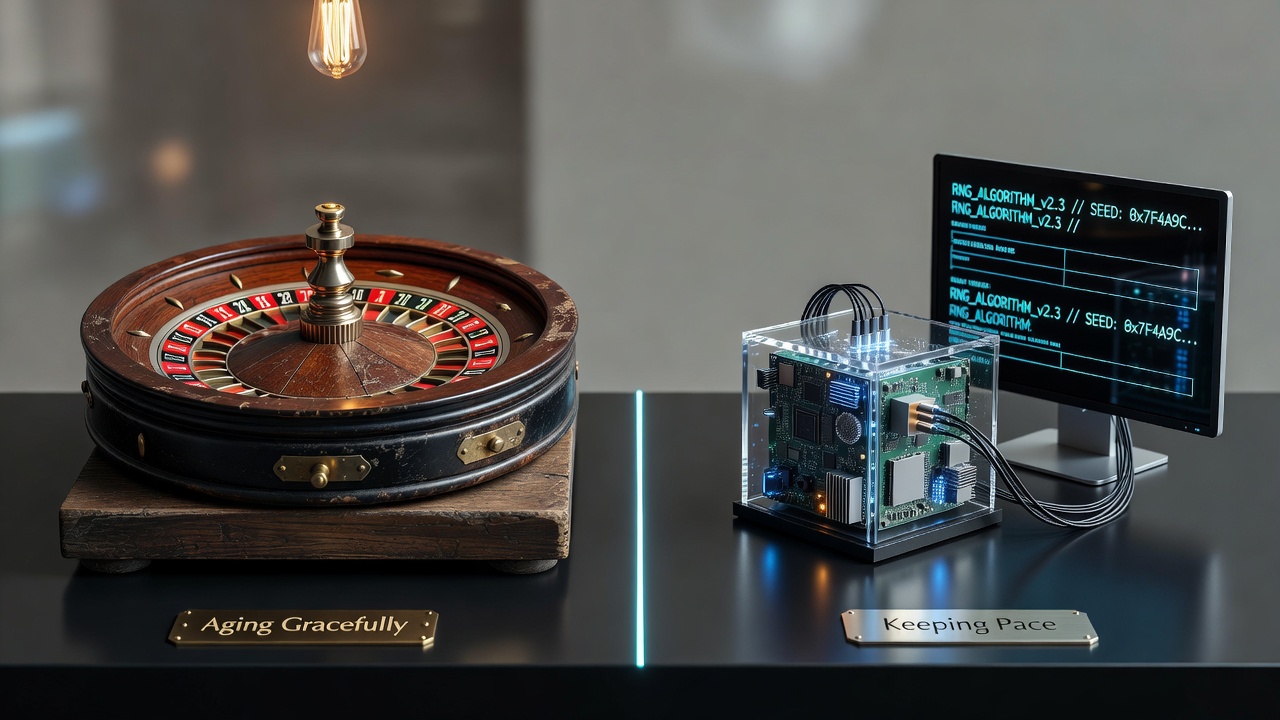 Comparison of physical roulette wheel components and digital RNG calibration interface in a modern casino setting