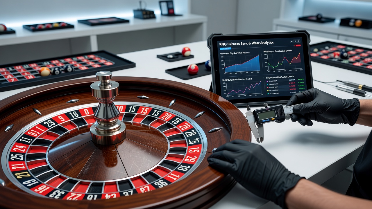 Rouletterad mit sichtbaren Verschleißspuren neben digitaler RNG-Überwachungskonsole in einem Casino-Setting