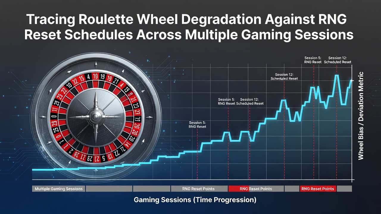 Roulette wheel showing wear patterns next to digital RNG interface diagrams during extended sessions