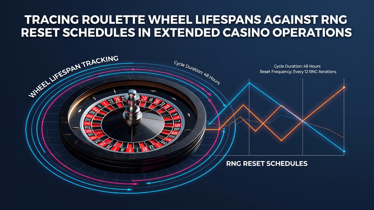 Roulette-Rad mit sichtbaren Abnutzungsspuren neben einem digitalen RNG-Diagramm in einem Casino-Setting